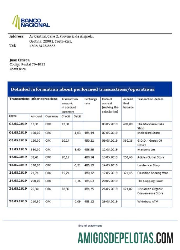 Costa Rica Banco Nacional De Costa Rica Bank Statement examplo